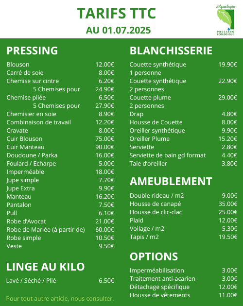 tarif pressing aqualogia dieppe 1er juillet 2025