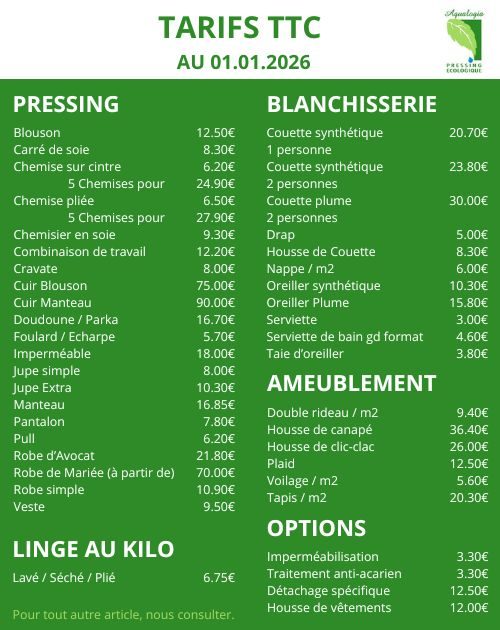 tarif pressing aqualogia dieppe 1er janvier 2026